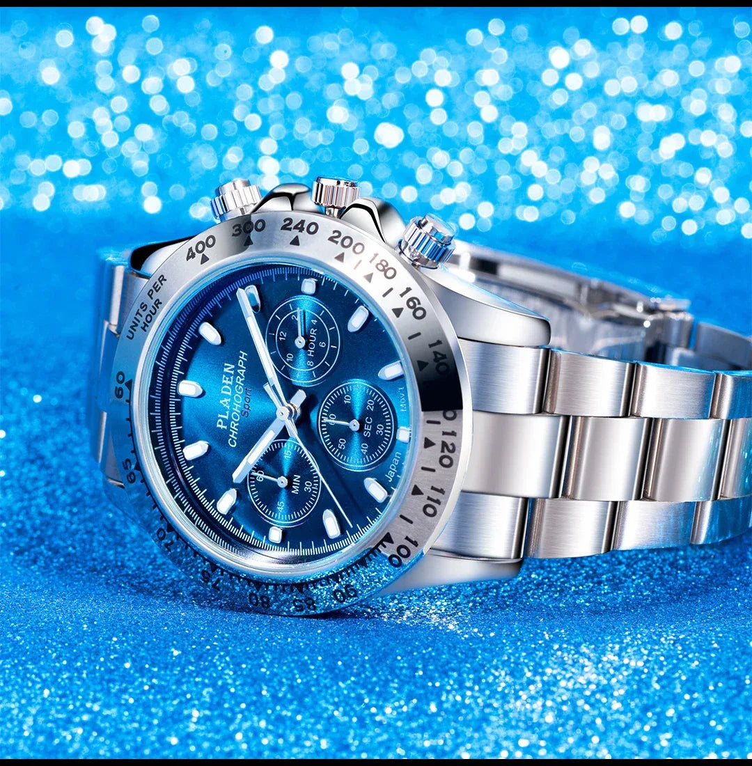 Luxury Three-Eye Men's Watch | Blue Dial Full Stainless Steel Iced Out Watch | Multifunctional Waterproof Quartz Clock | Caratix - CaratixJewelry